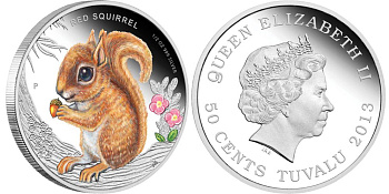 Тувалу 50 центов 2013 белочка, эмаль KM NEW серебро PROOF 3-4-6-17
