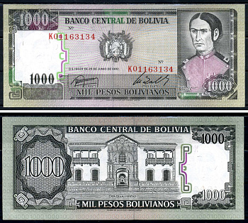 Боливия 1000 песо боливиано 1982 Хуана Асурдуи де Падилья Pick 167a (3) бумага UNC (пресс) 2195-27-2-2
