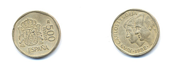 ИСПАНИЯ 500 ПЕСЕТ 1988 ХУАН КАРЛОС И СОФИЯ, ХУАН КАРЛОС I (1975-) KM 924 медь алюминий никель 54-2615