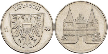 ГЕРМАНИЯ МЕДАЛЬ ND ГОРОД ЛЮБЕК ОСНОВАН В 1143 ГОДУ, ДИАМЕТР 27,5 ММ. сталь плакированная никелем 4517-1043