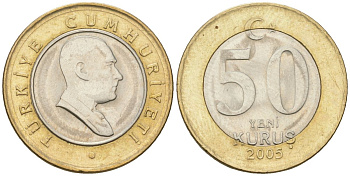 Турция 50 новых курушей 2005 KM 1168 биметалл 4610-1123