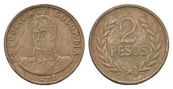 Колумбия 2 песо 1977 KM 263 бронза 4663-754