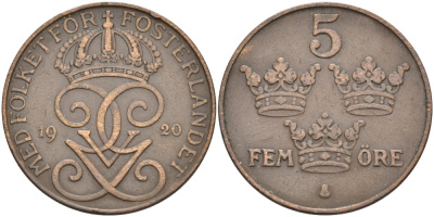Швеция 5 эре 1920 Густав V (1907-1950) KM 779.2 бронза 4557-544
