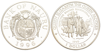 Науру 1 доллар 1996 Королева-мать - Осмотр Букингемского дворца после бомбардировки, тираж 10.000 экземпляров KM 12 медно-никель PROOF 3896-1245