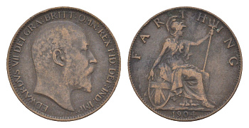 Великобритания 1 фартинг 1904 Эдуард VII (1901-1910) KM 792, Spink 3992 бронза 4630-215