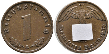 ГЕРМАНИЯ 1 РЕЙХСПФЕННИГ 1939 А KM 89, J. 361 бронза 99-1267