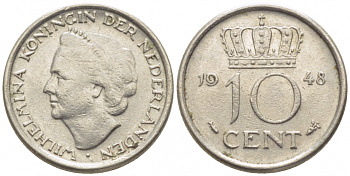 Нидерланды 10 центов 1948 Вильгельмина (1895-1948) KM 177 никель 112-256