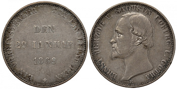 Саксен-Кобург-Гота 1 талер 1869 Эрнст, 25-я годовщина правления KM 122, Jaeger 298, Thun 370, AKS 117, Kahnt 497, Davenport 827 серебро 00-000-00