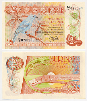 Суринам 2 1/2 гульдена 1985 голубая танагра, дамба Pick 119 a бумага UNC (пресс) 7485-38-2