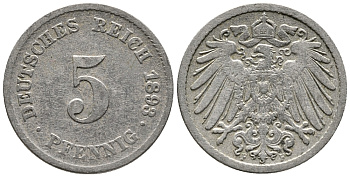 ГЕРМАНИЯ 5 ПФЕННИГОВ 1893 F KM 11, J. 12 медно-никель 39-649