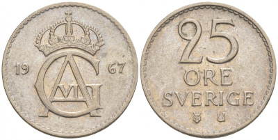 Швеция 25 эре 1967 U Густав VI Адольф (1950-1973) KM 836 медно-никель 44-116
