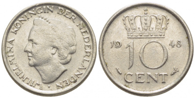 Нидерланды 10 центов 1948 Вильгельмина (1895-1948) KM 177 никель 112-256