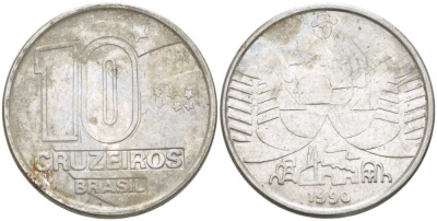 Бразилия 10 крузейро 1990 золотодобыча KM 619.1 нержавеющая сталь 3856-831