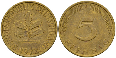 ФРГ 5 пфеннигов 1972 J J.382, KM 107 сталь плакированная латунью    4598-954