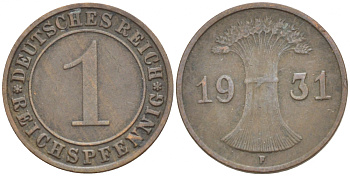 ГЕРМАНИЯ 1 РЕЙХСПФЕННИГ 1931 F KM 37, J 313 бронза 4532-528
