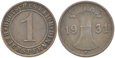 ГЕРМАНИЯ 1 РЕЙХСПФЕННИГ 1931 F KM 37, J 313 бронза 4532-528