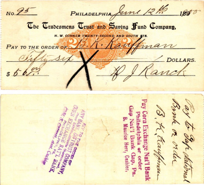 США чек на 56 долларов 1900 Филадельфия бумага 3295-73-3-1