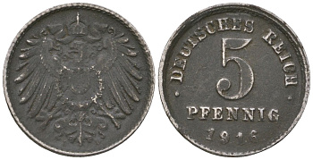 Германия 5 пфеннигов 1916 A, Вильгельм II (1888-1918) KM 19, AKS 17, J 297, Schon DM 20, Neum 33 железо 4588-213