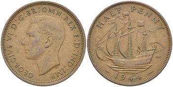 Великобритания 1/2 пенни 1944 Георг VI (1936-1952) KM 844, Spink 4115 бронза 51-2252