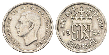 Великобритания 6 пенсов 1948 Георг VI (1936-1952) KM 862, Spink 4105 медно-никель 4697-639