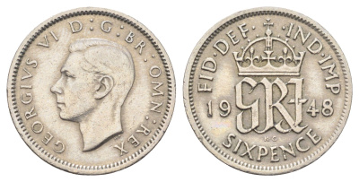 Великобритания 6 пенсов 1948 Георг VI (1936-1952) KM 862, Spink 4105 медно-никель 4697-639