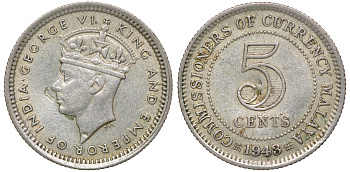Британская Малайя 5 центов 1943 Георг VI (1937-1952) KM 3a серебро 53-123