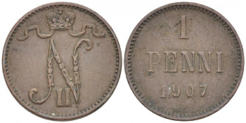 РОССИЯ ДЛЯ ФИНЛЯНДИИ 1 ПЕННИ 1907 НИКОЛАЙ II KM 13, Биткин 468 медь 4396-1331