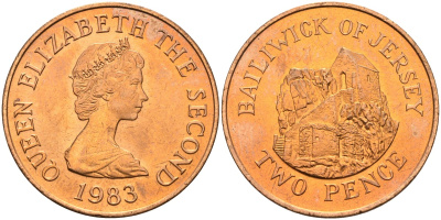 Джерси 2 пенса 1983 Елизавета II (1952-2022), Сент-Хелиер KM 55 бронза UNC 4583-133