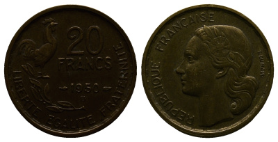 ФРАНЦИЯ 20 ФРАНКОВ 1950 B, 4 ПЕРА KM 917.2, LE FRANC 402.4 алюминиевая бронза 261-822