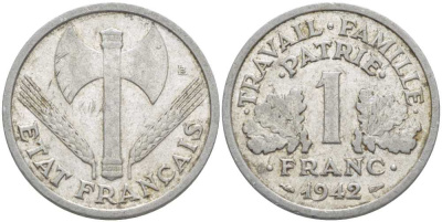 ФРАНЦИЯ 1 ФРАНК 1942 LB, ТИП LOURDЕ, ПРАВИТЕЛЬСТВО ВИШИ KM 902.1, LE FRANC 222.2 алюминий 175-437