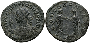 Римская Империя аврелианиан 280 Проб CONCORD MILIT Сисция Very fine RIC 650 бронза 1073-6-82