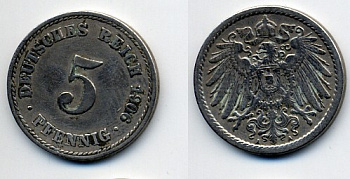 ГЕРМАНИЯ 5 ПФЕННИГОВ 1906 A, KM 11, J. 12 медно-никель 76-229