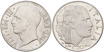 ИТАЛИЯ 20 ЧЕНТЕЗИМО 1941 R, ГОД XIX, ВИКТОР ЭММАНУИЛ III (1900-1946) KM 75b, VEM3. 1028 нержавеющая сталь 3853-1027