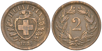 Швейцария 2 раппена 1883 B KM 4 бронза 4516-243