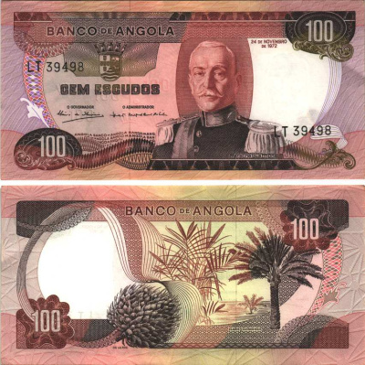 АНГОЛА 100 ЭСКУДО 1972 24 НОЯБРЯ 1972, МАРШАЛ КАРМОНА Pick 101 бумага aUNC 7116-46-2-2