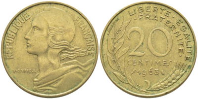 ФРАНЦИЯ 20 САНТИМОВ 1963 ТИП MARIANNE KM 930, LE FRANC 156.3 медь алюминий никель 175-813