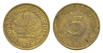 ФРГ 5 пфеннигов 1975 D KM 107, J. 382 сталь плакированная латунью 4630-1245