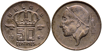БЕЛЬГИЯ 50 САНТИМОВ 1965 BELGIE KM 149.1 бронза 4392-841