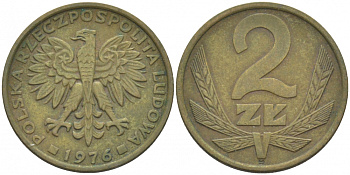 Польша 2 злотых 1976 Ленинградский монетный двор (ЛМД) KM 80.1, Parchimowicz 217b латунь 112-1263