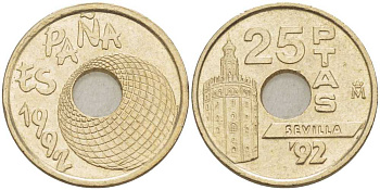 Испания 25 песет 1992 золотая башня в Севилье, EXPO 1992, Хуан Карлос I (1975-2014) KM 905 никель-бронза 213-213