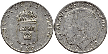 Швеция 1 крона 1990 Карл XVI Густав (1973- ) KM 852a медно-никель 4398-1225