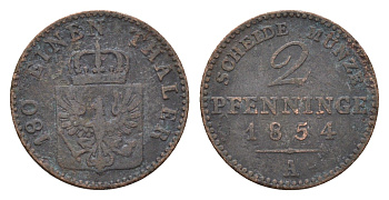 Пруссия 2 пфеннига 1854 A, Фридрих Вильгельм IV (1840-1861) KM 452 медь 4151-1014