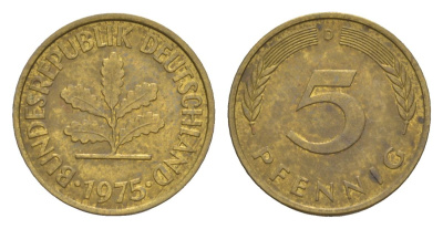 ФРГ 5 пфеннигов 1975 D KM 107, J. 382 сталь плакированная латунью 4630-1245