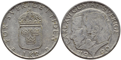 Швеция 1 крона 1990 Карл XVI Густав (1973- ) KM 852a медно-никель 4398-1225