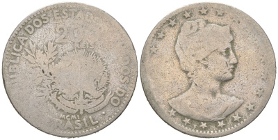 Бразилия 200 реалов 1901 MCMI, голова свободы вправо KM 504 медно-никель 4612-114