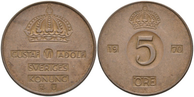 Швеция 5 эре 1970 U, Густав VI Адольф (1950-1973) KM 822 бронза 4557-834