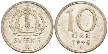 Швеция 10 эре 1948 TS, Густав V (1907-1950) KM 813 серебро 192-135