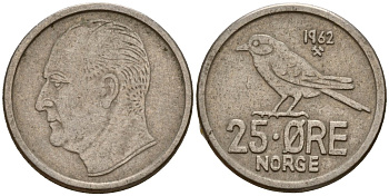 Норвегия 25 эре 1962 Улаф V (1958-1991), синица KM 407 медно-никель 4154-811