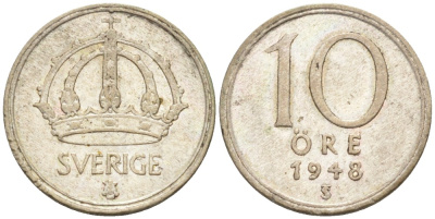 Швеция 10 эре 1948 TS, Густав V (1907-1950) KM 813 серебро 192-135