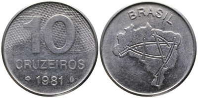 Бразилия 10 крузейро 1981 карта Бразилии KM 592.1 нержавеющая сталь 3336-847
